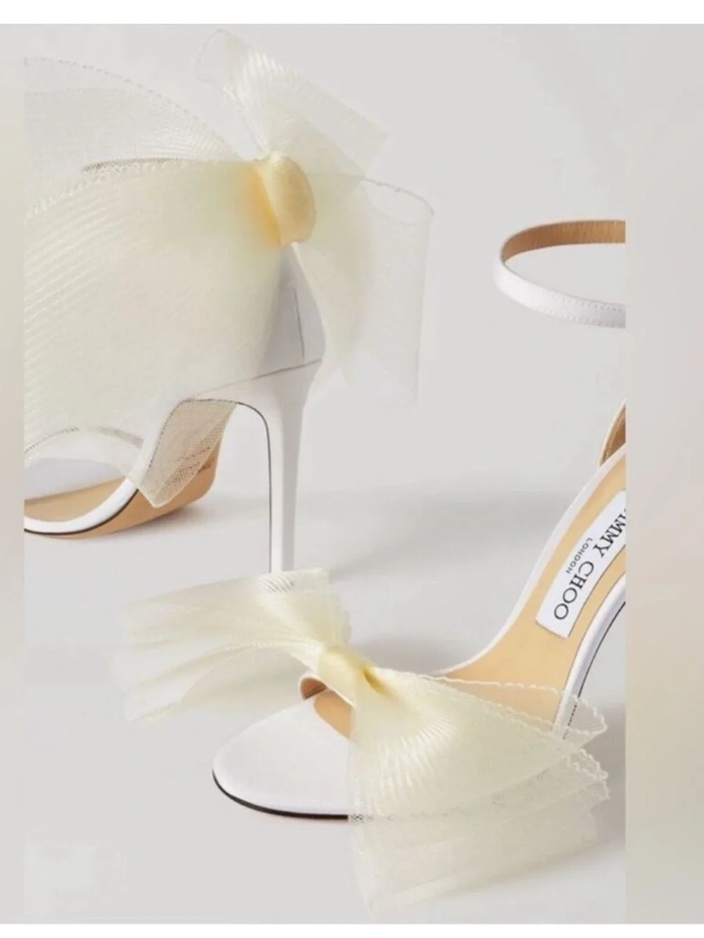 Jimmy Choo Aveline 100 Latte Sandals with Asymmetric Grosgrain Mesh Bows 37/US7